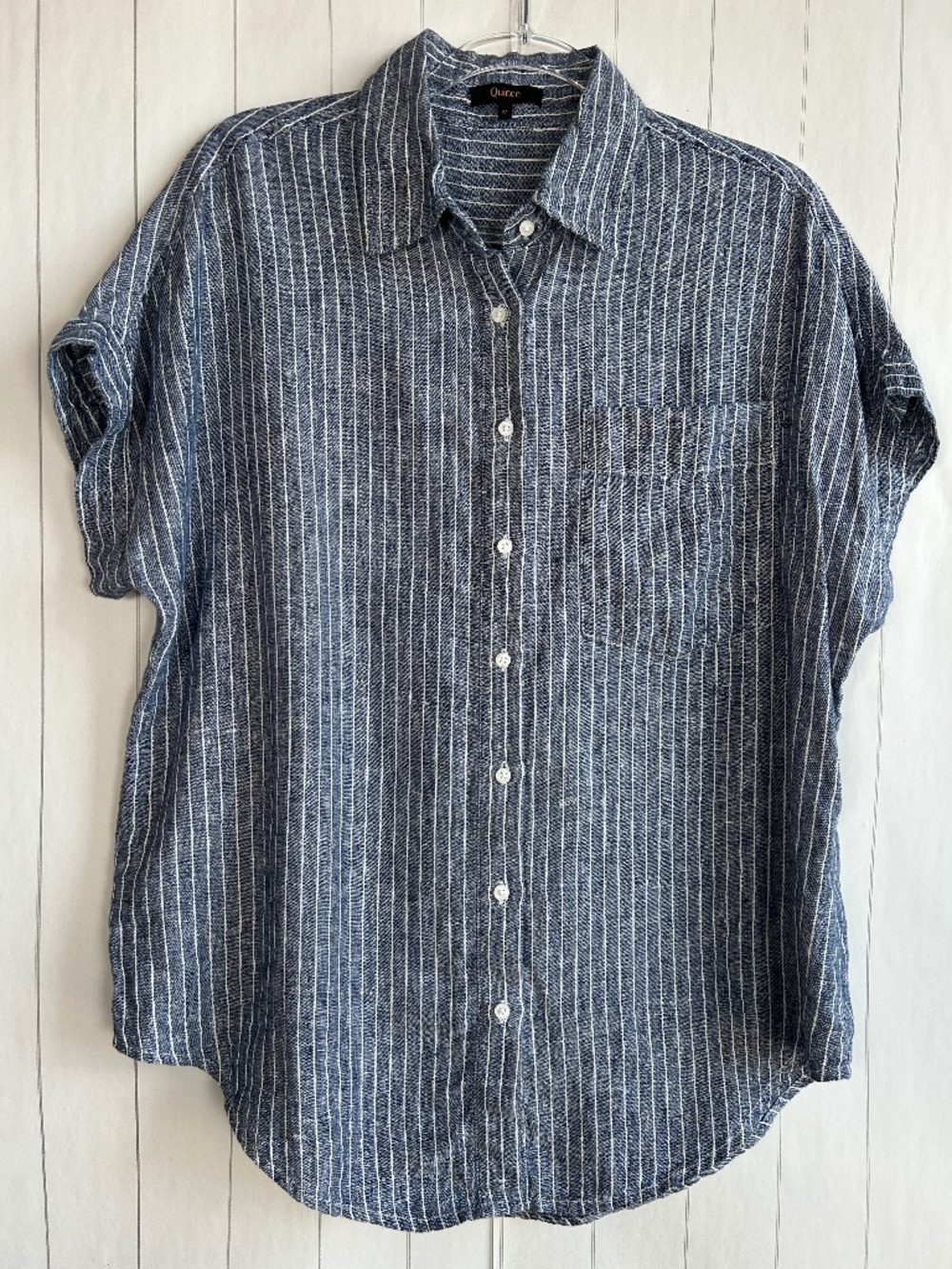 Quince women size M European linen camp shirt chambray stripe button up short sl